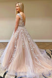 Chic Pretty Long A-line Scoop Neckline Backless Princess Prom Dress With Lace Appliques K918