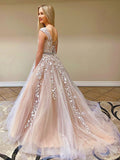 Chic Pretty Long A-line Scoop Neckline Backless Princess Prom Dress With Lace Appliques K918