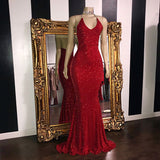 Glitter Sheath Mermaid Backless Halter Beading Long Party Prom Dress OKD9