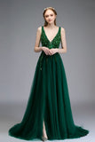 Sparkly Beading Tulle A-line V-neck Front Split Prom Dress For Teens OD916