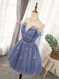 Flowy Cute A-line Blue Homecoming Dress Short Beading Prom Dress OK918