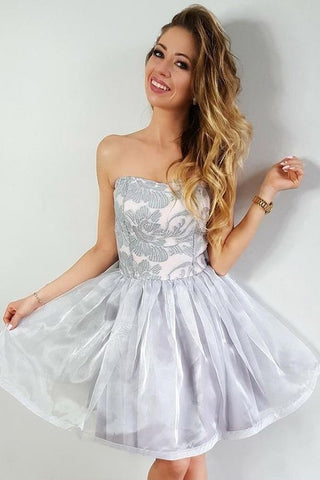 A Line Strapless Gray Short Organza Homecoming Party Dress with Lace Appliques OKE6