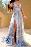 A Line Glittering Sexy Engagement Prom Dress V Neck Sleeveless Sequin Split Evening Dress OK1047