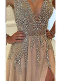 A-line V-neck Tulle Sexy Shinny Rhinestone Long Prom Dresses With Slit OKA89