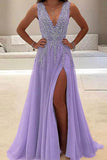 A-line V-neck Tulle Sexy Shinny Rhinestone Long Prom Dresses With Slit OKA89