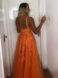 A Line V-neck Backless Lace Appliques Orange Prom Dress Formal Dress OK1307