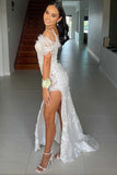 White Appliques Cold-Shoulder Long Prom Gowns with Slit Formal Evening Dress OK1532