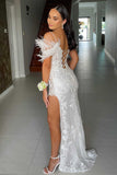 White Appliques Cold-Shoulder Long Prom Gowns with Slit Formal Evening Dress OK1532