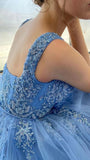 A Line Blue Appliques Prom Dress Long Formal Evening Party Dress Celebrity Gown OK1633