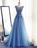 Charming Long Tulle Handmade A Line Blue Prom Gowns,Best Formal Women Dresses OK243