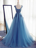 Charming Long Tulle Handmade A Line Blue Prom Gowns,Best Formal Women Dresses OK243