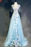 Light Blue Cap Sleeves Prom Dresses with Beading, Formal Evening Dress OKN42