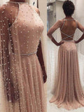 Blush Pink A Line Backless Long Prom Dress with Pearls OKN79