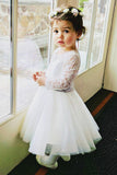 Long Sleeves Light Ivory Lace Tulle Flower Girl Dresses With Silver Sash OK206