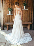 Elegant A-Line Round Neck Chiffon with Lace,Beach Boho Wedding Dress OKM88