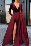 Burgundy V-neck Long Sleeves Prom Dress Formal Dresses With Slit OKK50