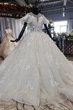 Elegant Ball Gown Big Wedding Dress, Appliques Bridal Dress with Short Sleeves OKN73