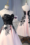 Cute Pearl Pink Sweetheart Tea Length Satin Homecoming Dress With Black Lace Applique OKZ55