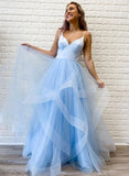 A Line Pink Tulle Long Prom Dress With Ruffles Spaghetti Straps Evening Dress OK1336