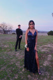 A Line V Neck Long Sequined Prom Dress With Slit OK1371