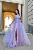 Charming V-Neck Appliques Lilac Tulle A Line Prom Dress With Split OK1363