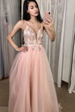 A Line Pink Long Prom Dress Spaghetti Straps Tulle Formal Dress With V Neckline OK1355