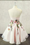 Light Pink A-line Strapless Homecoming Dress With Flower Appliques OKY88