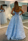 Stunning A-line Spaghetti Straps Sky Blue Long Prom Dress Sparkly Formal Evening Dress OKZ81