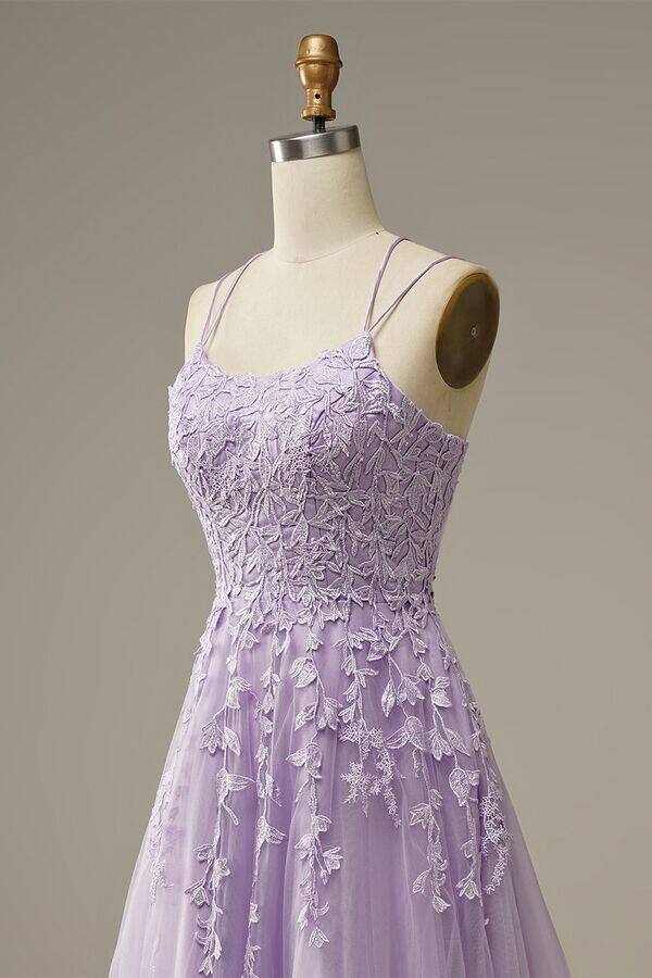 Lilac A Line Tulle Lace Appliques Long Prom Dress With Straps OK1048