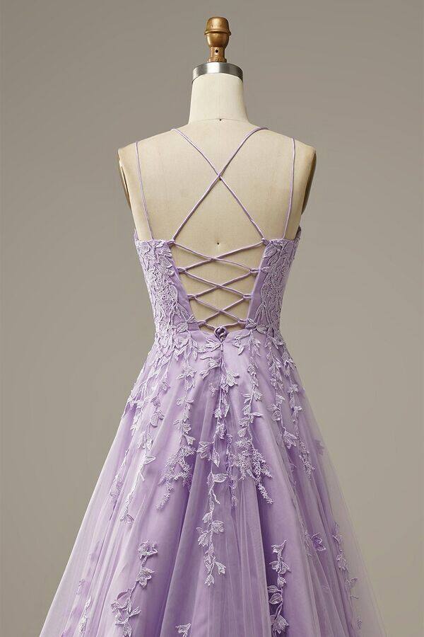 Lilac A Line Tulle Lace Appliques Long Prom Dress With Straps OK1048