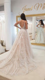 A-line V Neck Tulle Long Wedding Dress With Lace Appliques OK1008