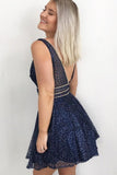 Sparkling A Line V Neck Sequins Navy Blue Homecoming Dress With Beads OK1016