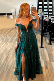 A Line Dark Green Off the Shoulder Lace Long Prom Dress Formal Evening Gowns OK1242