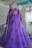 A Line Purple Long Tulle Layered Prom Dress With Flowers Formal Evening Dress OK1404