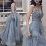 Deep V Neck Appliqued Spaghetti Straps Multi-Layered Organza Blue Bridal Dress OKS11