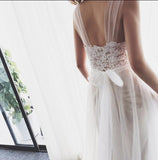 Straps Tulle White Lace Beach Long Backless A Line Wedding Dress OK560