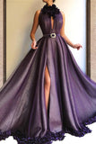 Purple Long A-line Split Cheap Prom Dress With Flowers OKH56