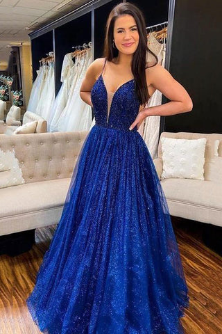 Sparkling Royal Blue A Line Deep V Neck Prom Dress Evening Dress Pageant Dress School Party Gown OK1145