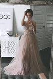 Dusty Pink A Line Tulle Prom Dresses, V Neck Long Graduation Dress with Rhinestone OKJ48