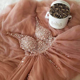 A Line Dusty Rose Long Tulle Prom Dress Beading Bodice V Neck Formal Dress OKH49