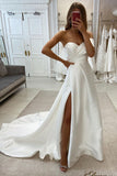 A Line Strapless Satin Wedding Dress with Slit N131