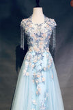 Light Blue Cap Sleeves Prom Dresses with Beading, Formal Evening Dress OKN42