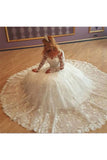 Stunning Tulle Bateau Long Sleeves Ball Gown Wedding Dresses With Lace Appliques OKF24