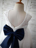 A-line Scoop Sleeveless Bowknot Floor-Length Lace Flower Girl Dress With Navy Sash OK723