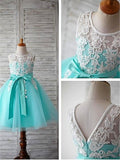 Blue Ball Gown Scoop Sleeveless Bowknot Floor-Length Tulle Appliques Flower Girl Dress OK722