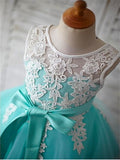 Blue Ball Gown Scoop Sleeveless Bowknot Floor-Length Tulle Appliques Flower Girl Dress OK722