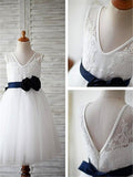 A-line V-neck Sleeveless Appliques Flower Floor-Length Tulle Flower Girl Dress OK720