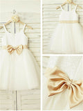 Cute A-line Spaghetti Straps Sleeveless Bowknot Floor-Length Tulle Flower Girl Dress OK719