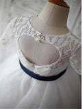 A-line Scoop 1/2 Sleeves Navy Sash Floor-Length Tulle Flower Girl Dress OK726