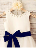 Ivory A-line Scoop Sleeveless Bowknot Tea-Length Tulle Flower Girl Dress With Belt OK713